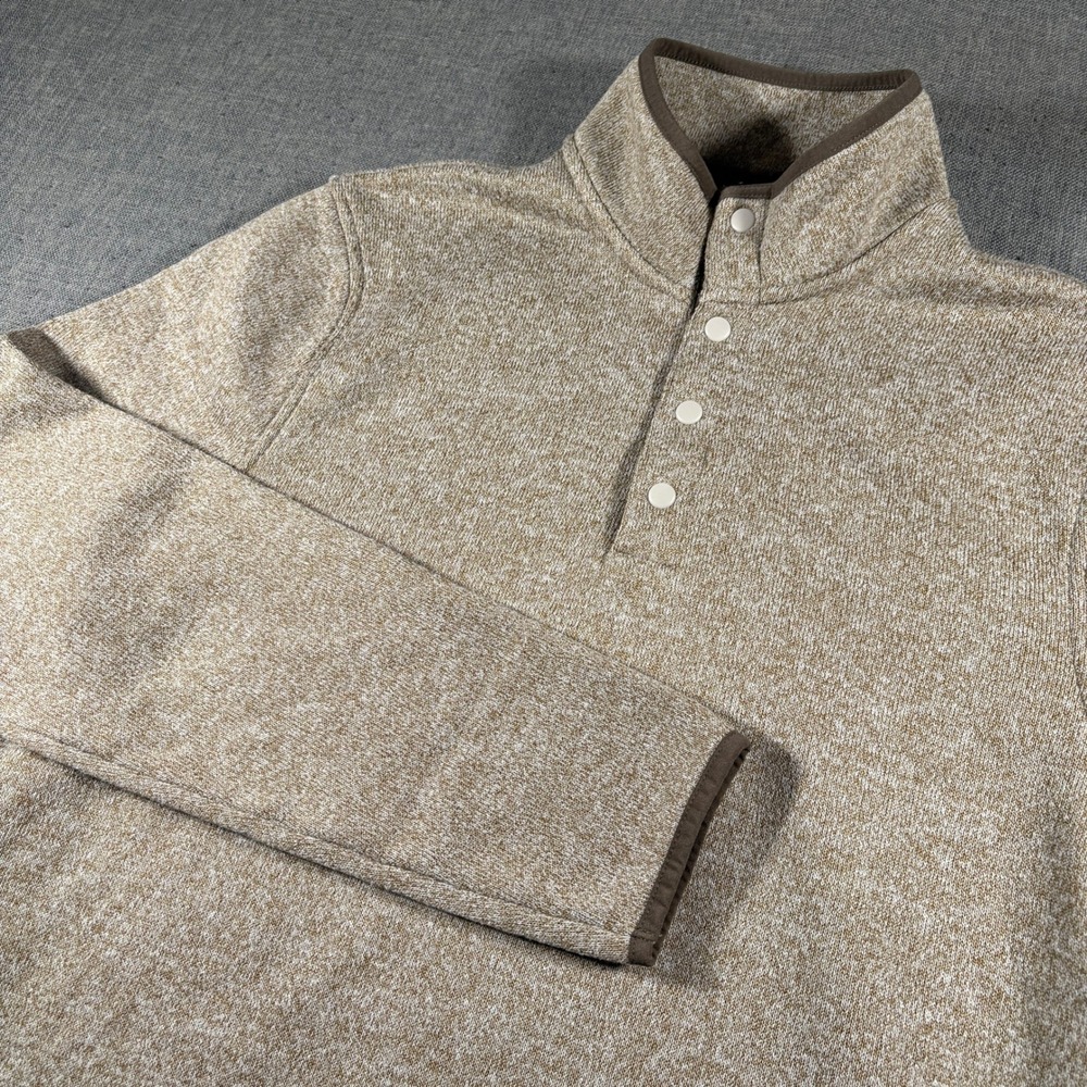 J.Crew Authentic Fleece Pullover Mens M Brown Marled Snap Neck Sweater CD792 - Picture 1 of 9